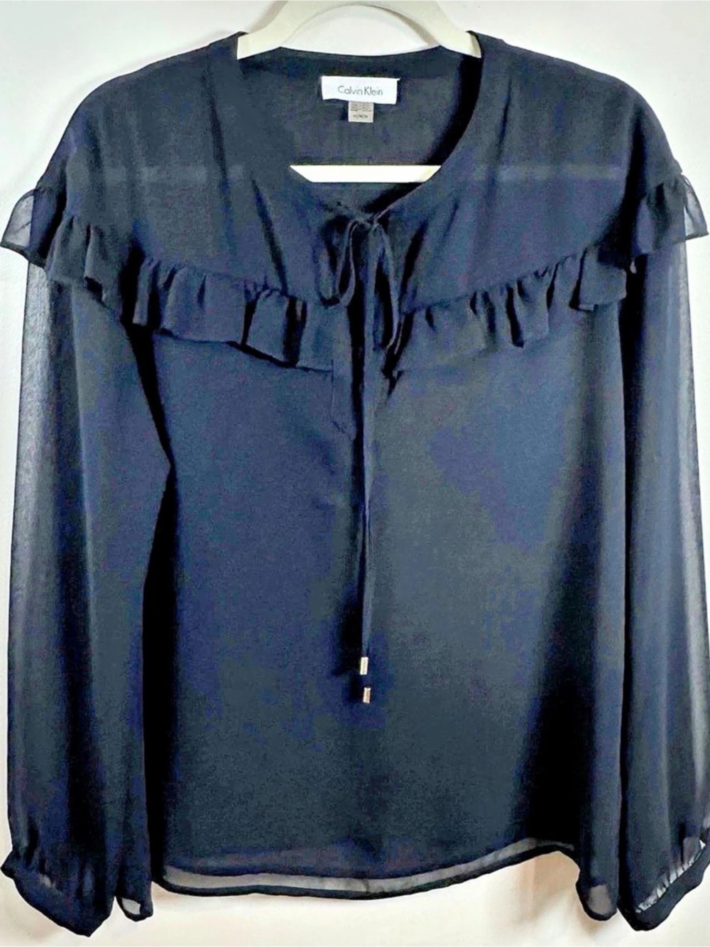 Calvin Klein Black Ruffle Sheer Blouse Size Medium